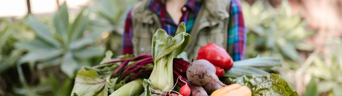 Agricultora con cesta de verduras frescas en la huerta valenciana
