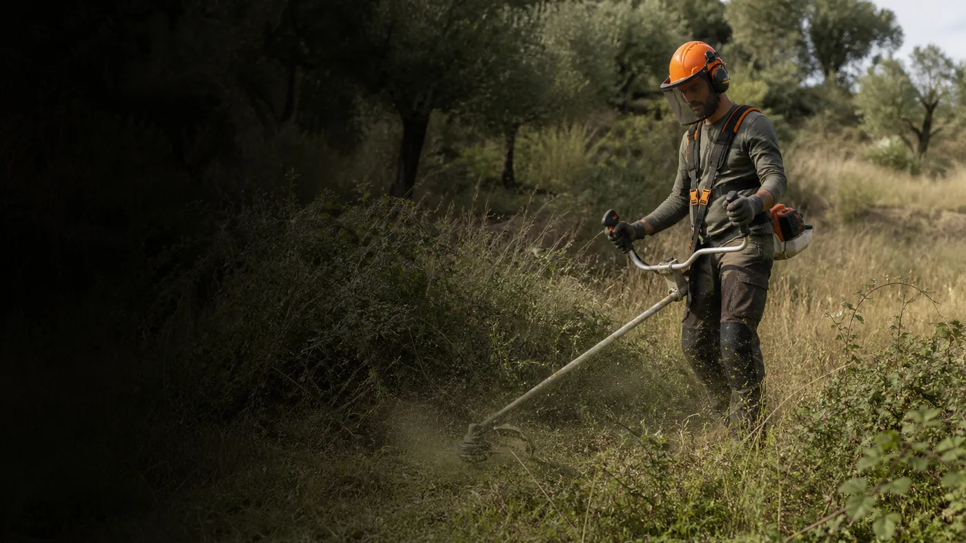Persona usando una desbrozadora para cortar hierba en un jardín