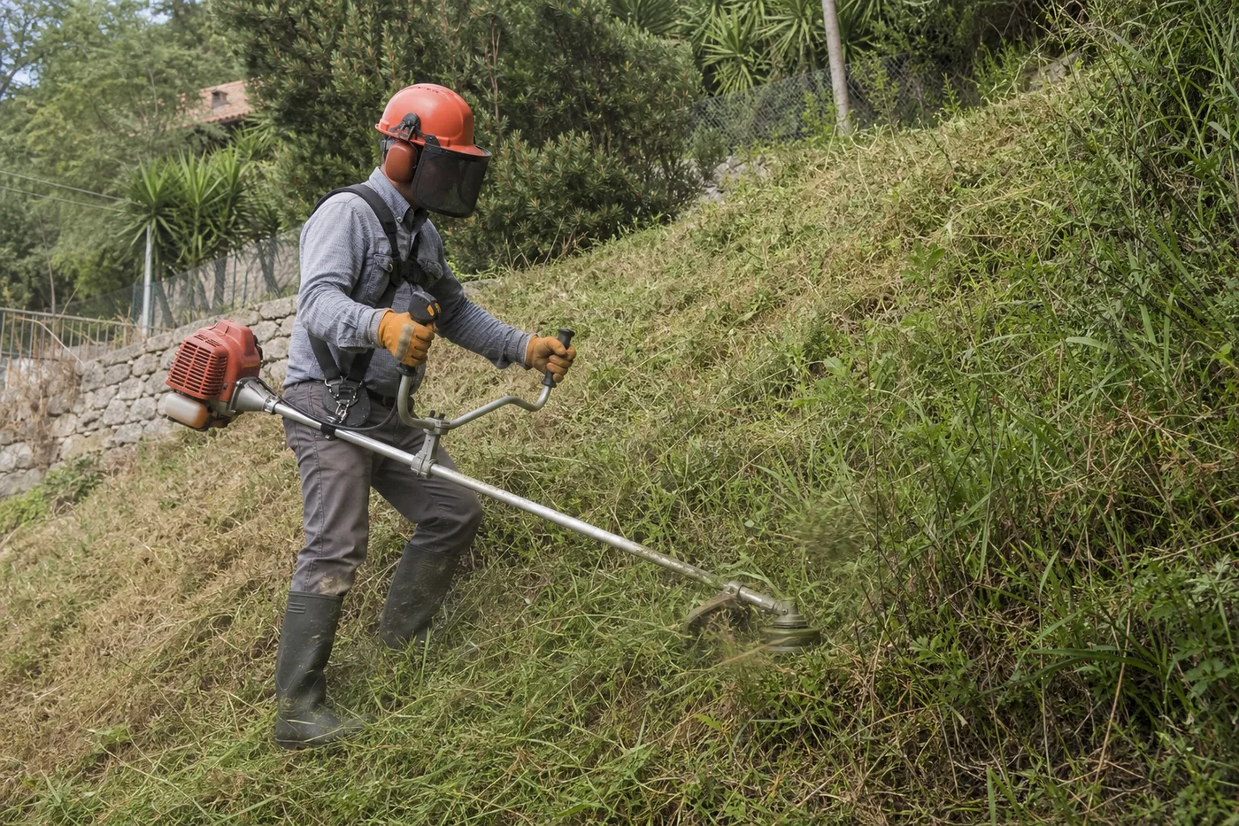 Talud de jardín con hierba alta que requiere desbrozadora de gasolina